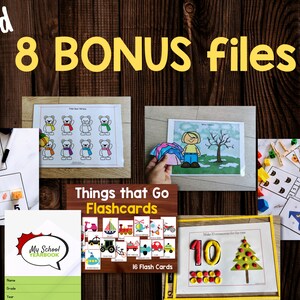 Puede incluir: Un conjunto de hojas de trabajo educativas imprimibles para ni&ntilde;os, que incluye un juego de tarjetas de memoria "Things that Go" con 16 tarjetas, una plantilla de "My School Yearbook" y otras hojas de trabajo con actividades de conteo y un tema de osos polares. La imagen tambi&eacute;n incluye el texto "8 BONUS files".