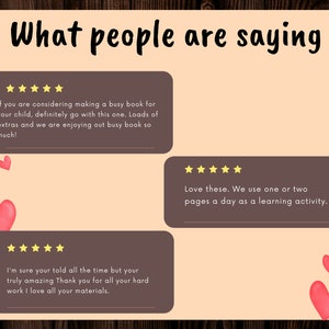 Puede incluir: Un fondo de color melocot&oacute;n claro con un borde de madera marr&oacute;n. El texto "What people are saying" est&aacute; en la parte superior de la imagen. Se muestran tres rese&ntilde;as de clientes en cajas marrones con calificaciones de cinco estrellas amarillas. Cada rese&ntilde;a es positiva y menciona que el producto es "incre&iacute;ble" y "agradable".