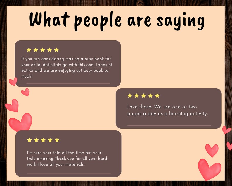 Puede incluir: Un fondo de color melocot&oacute;n claro con un borde de madera marr&oacute;n. El texto "What people are saying" est&aacute; en la parte superior de la imagen. Se muestran tres rese&ntilde;as de clientes en cajas marrones con calificaciones de cinco estrellas amarillas. Cada rese&ntilde;a es positiva y menciona que el producto es "incre&iacute;ble" y "agradable".