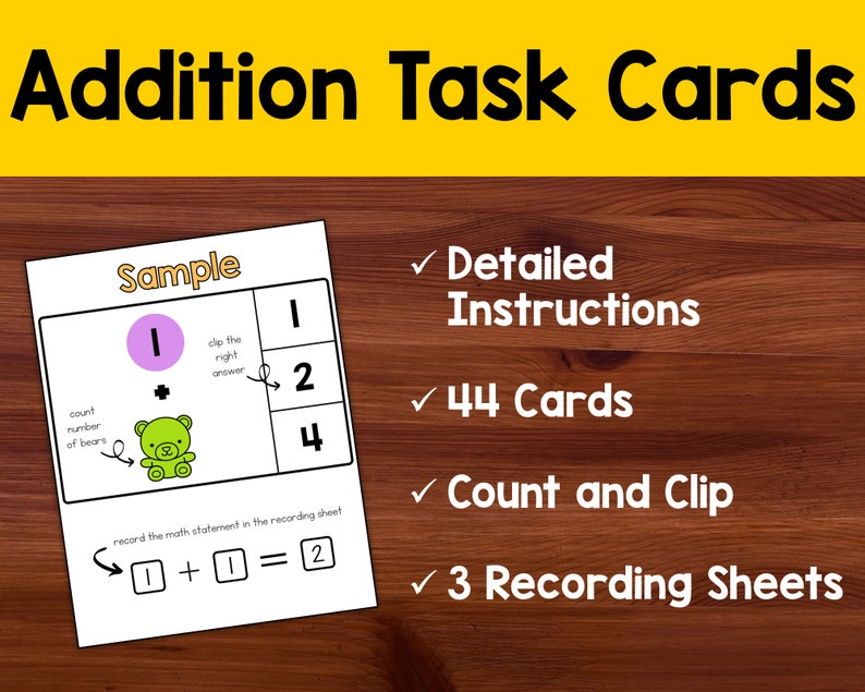 Kindergarten Math Addition Activity, Clip Cards, Task Cards With ...