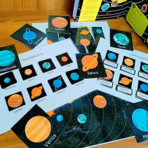 May include: A set of colorful planet cards with black backgrounds and white text. The cards feature images of the planets in our solar system, including Neptune, Uranus, Jupiter, Saturn, Venus, Earth, Mars, and Mercury. The cards are labeled with the names of the planets and are designed for educational purposes.