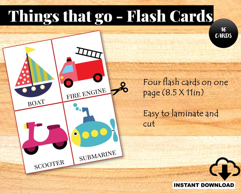 Things That Go Flashcards, Printable Preschool Flash Cards, Toddler