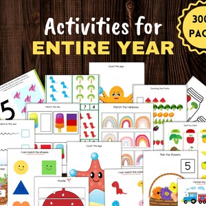 Puede incluir: Un conjunto de hojas de trabajo imprimibles para ni&ntilde;os que presentan diversas actividades como contar, emparejar, ordenar y rompecabezas. Las hojas de trabajo son coloridas y presentan lindas ilustraciones. El texto en las hojas de trabajo incluye "Actividades para todo el a&ntilde;o" y "M&aacute;s de 300 p&aacute;ginas".