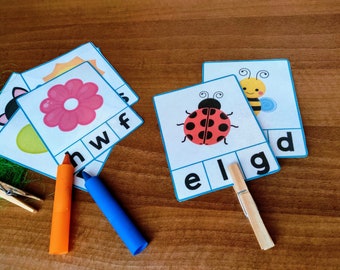May include: A set of four educational flashcards featuring a flower, a ladybug, a bee, and a cat. Each card has a picture and a word with missing letters. The letters are printed on separate cards and can be used to complete the words. The cards are designed to help children learn the alphabet and spelling.