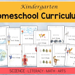 Peut inclure: Un ensemble de 12 couvertures d'étude d'unité imprimables pour le programme d'enseignement à domicile de la maternelle. Les couvertures présentent des illustrations colorées de divers sujets, notamment l'espace, la météo, l'océan et les animaux. Le texte sur les couvertures indique "Étude d'unité" et le nom du sujet. Le bas de l'image indique "Sciences : Littérature : Mathématiques : Arts".