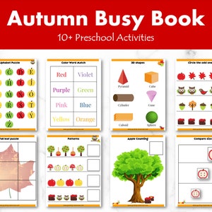 Fall Autumn Printable Busy Book for Toddlers and Preschool, Fall activity worksheets, Printable Busy Binder and Learning Folder for PreK
