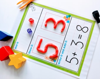 Zusatz-Würfelspiel zum Ausdrucken, Mathe-Übungen für Arbeitsblätter, Schreibübungen und Zählübungen für den Kindergarten