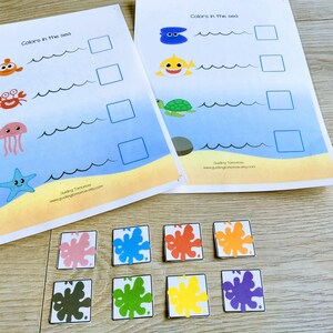 Kleurafstemmingsactiviteit voor peuters, oceaandieren, leermap voor peuters, druk boek, mapspel, thuisonderwijs kleuren leren