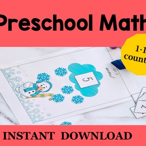 May include: A printable preschool math activity featuring a snowman and snowflakes. The activity is designed to help children learn to count from 1 to 10. The text on the page says "Let it snow!" and "1-10 counting".