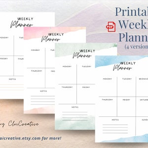 Weekly Planner PDF Printable | 3 color versions + 1 plain version | Simple and Elegant