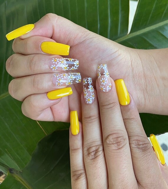 Yellow Press on Nails. Coffin Nails. Custom Designs. Nails. Etsy