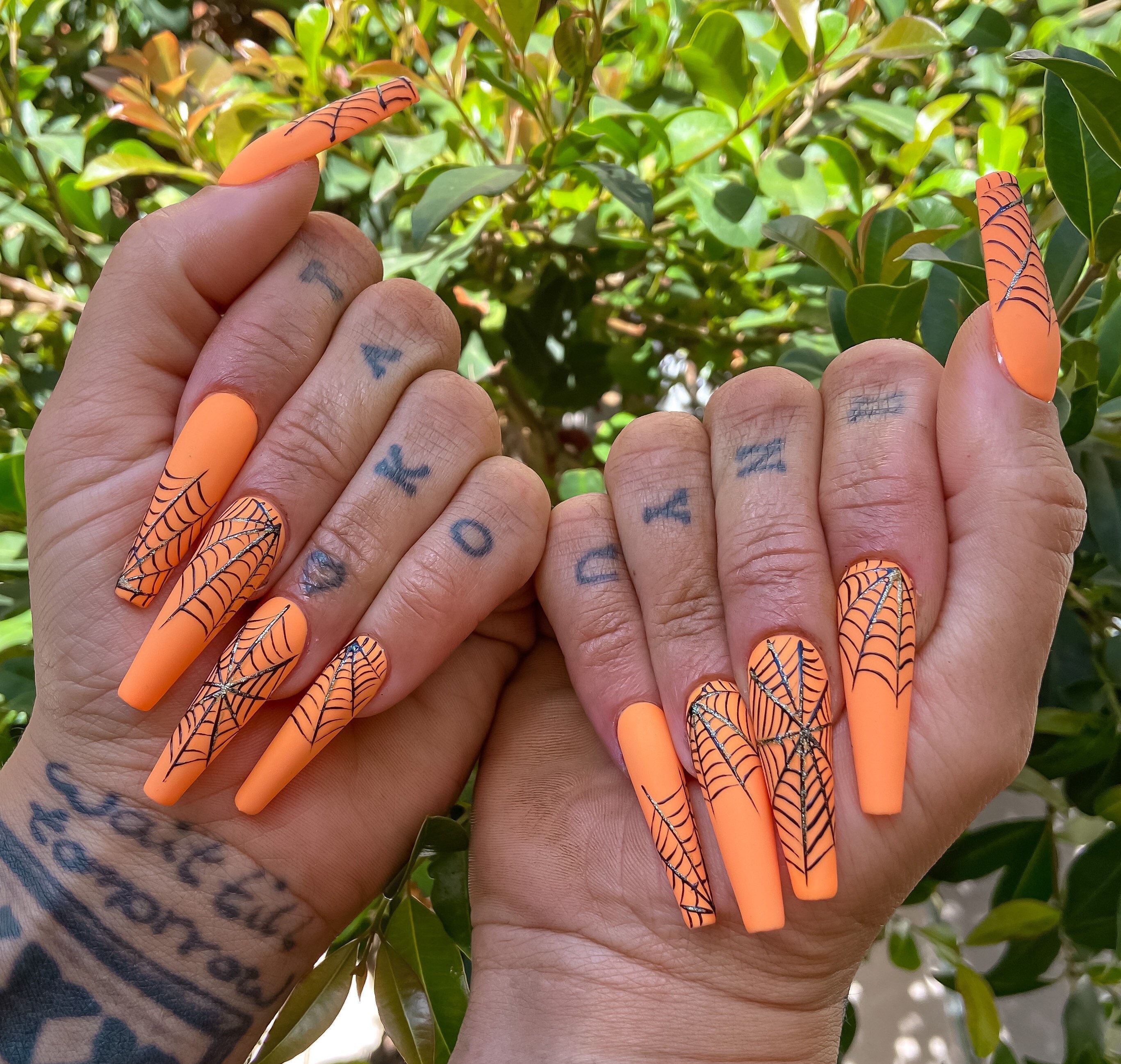 Orange Nails Spider Web Nails Coffin Nails Hand Painted Etsy Hong Kong