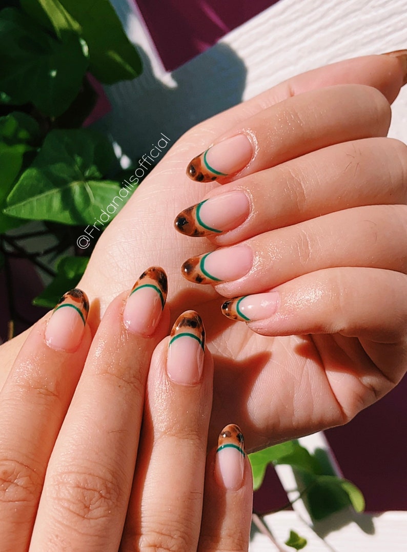 French tips . Tortoise Shell Nails . Presson On Nails. Coffin Etsy