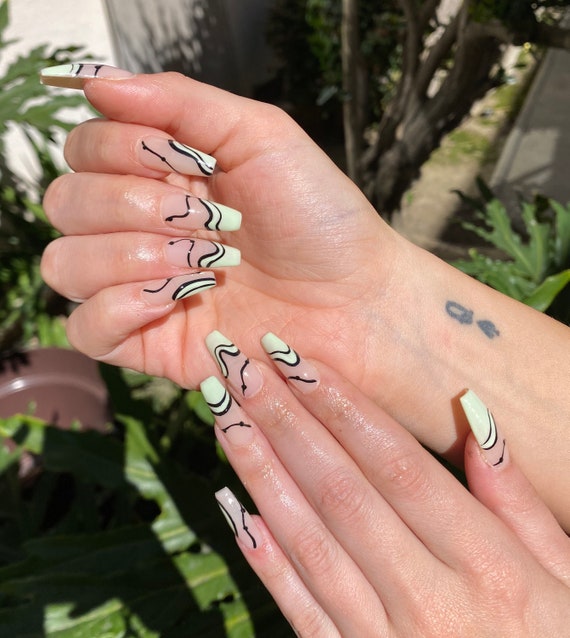 Green Nails Design Abstract Nail Design Press On Nails Etsy Israel