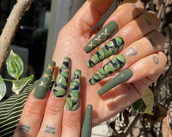 Camouflage Nails . Cute Press On Nails. Coffin  Nails. Custom Designs. Nails. Green Nails Press On Nails. Camo Nails