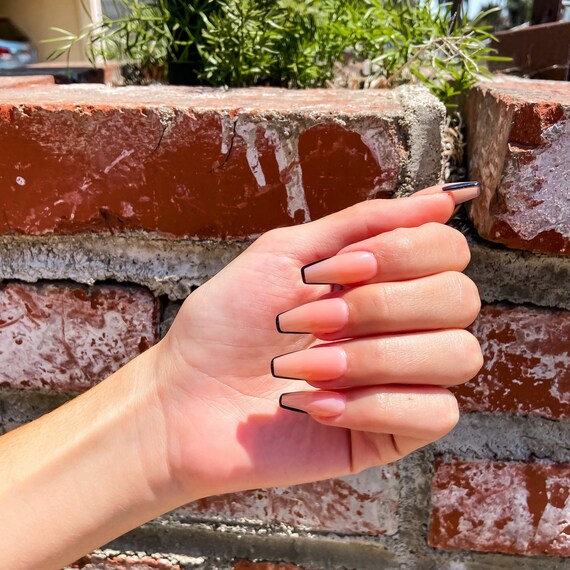 Black French Tip Natural Nails Long Nails Cute Press On Etsy Uk