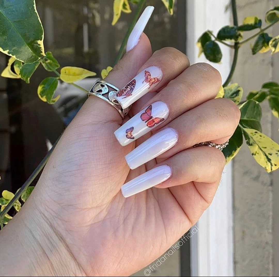 Nut White Press on Nails. Butterfly Nails. Custom Designs. Nails