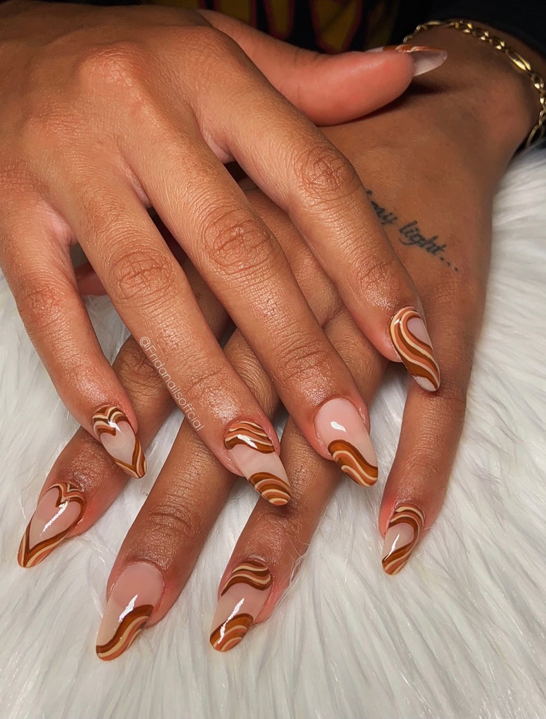 Brown Wavy Design. Abstract nail design . Press On Nails. image 0