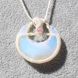 Opalite Crescent Moon Adjustable Macrame Necklace with Pink Cat&#39;s Eye, Rose Quartz Beads, Pendant Top, Free Gift Wrapping