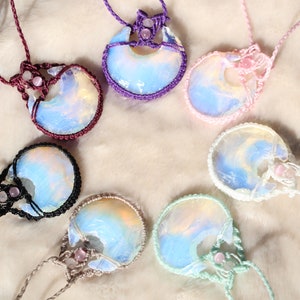 Opalite Crescent Moon Macrame Necklace with Rose Quartz and Pink Cats Eye