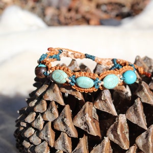 Turquoise Beads, Brown / Blue Macrame, Adjustable Bracelet, Free Gift Wrapping