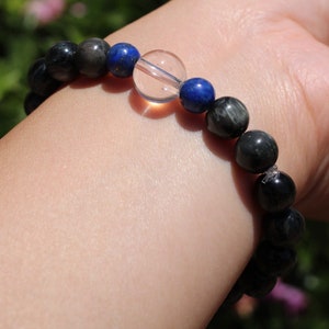 Dark Gray Hawk Eye, Lapis Lazuli, Clear Quartz, Crystal Beaded Bracelet, Free Gift Wrapping