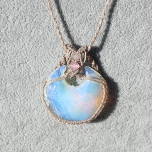 Opalite Crescent Moon Macrame Necklace with Rose Quartz and Pink Cats Eye