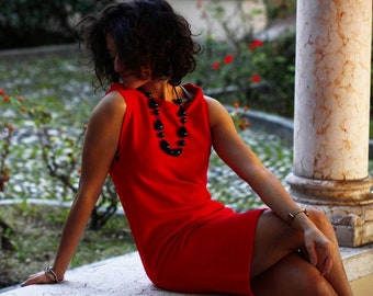 Sleeveless short dress - cold CORAL RED - soft cotton - size small S ;  ITA 38-40