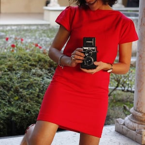 Puffy sleeve short dress - cold CORAL RED - soft cotton - size small S ;  ITA 38-40