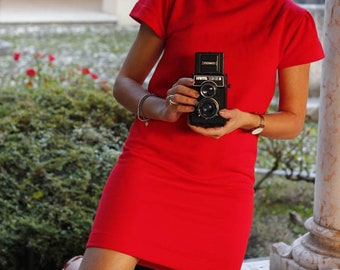 Puffy sleeve short dress - cold CORAL RED - soft cotton - size small S ;  ITA 38-40