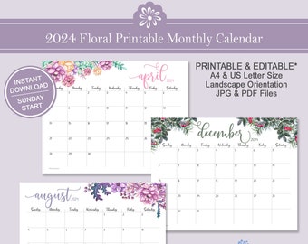 Calendario floral de acuarela 2024 / Paisaje imprimible horizontal / Carta de EE. UU. y A4 / Inicio del domingo