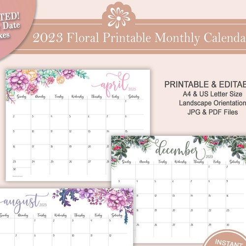 2023 Monthly Calendar Landscape A3 And A4 Printable Calendar Etsy
