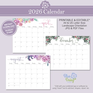 Calendario floral de acuarela 2026 / Paisaje imprimible horizontal / Carta de EE. UU. y A4 / Inicio del domingo