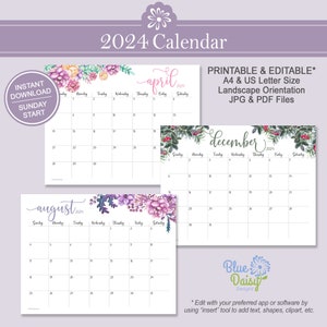2024 Watercolor Floral Calendar | Printable Landscape Horizontal | US Letter & A4 | Sunday Start