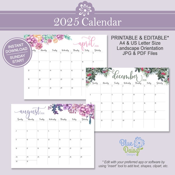 2025 Watercolor Floral Calendar | Printable Landscape Horizontal | US Letter & A4 | Sunday Start