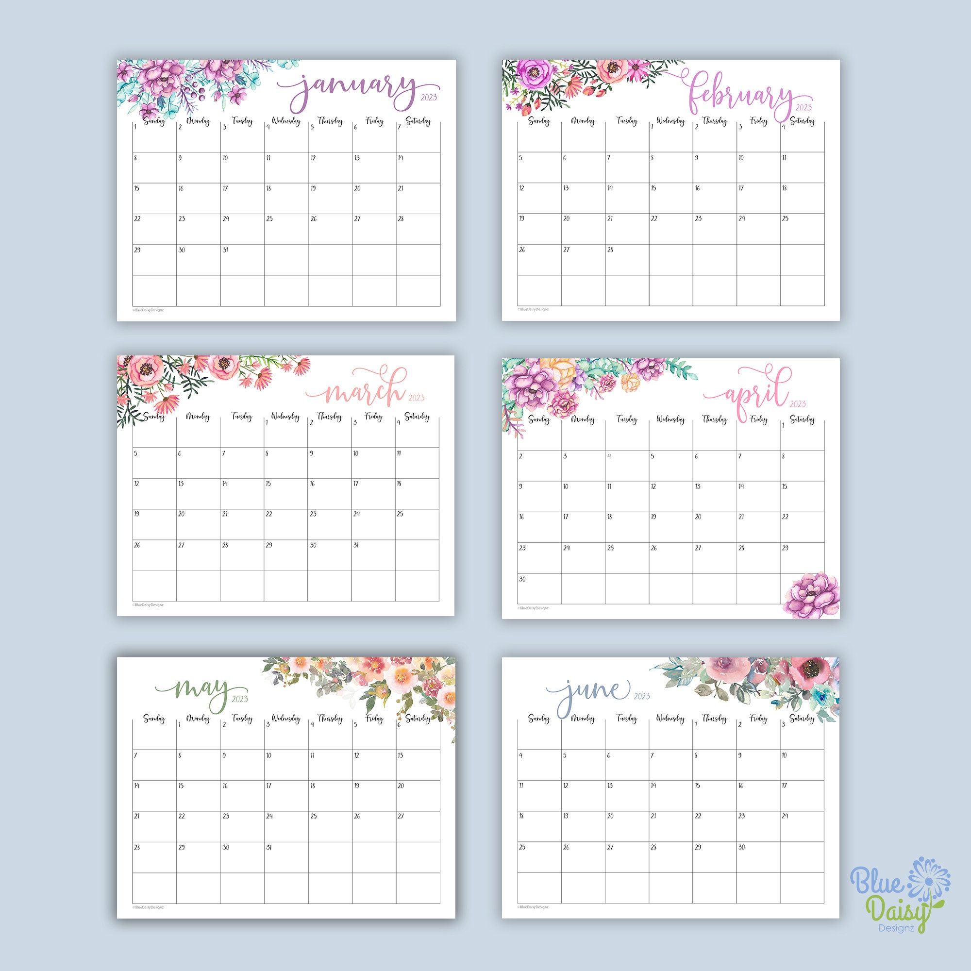 2023 Watercolor Floral Calendar Printable Editable Landscape - Etsy