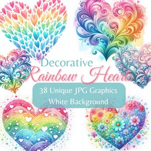 Pacote de clipart de corações de arco-íris decorativos em aquarela JPG, corações em aquarela, clipart de corações de arco-íris, arco-íris em aquarela, corações de dia dos namorados