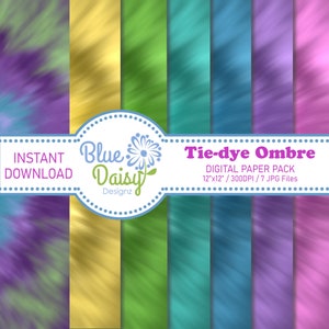 May include: A digital paper pack with seven tie-dye ombre patterns in purple, yellow, green, blue, and pink. The pack includes 12x12 inch, 300 DPI JPG files.  The text "Tie-dye Ombre" is in the center of the image.