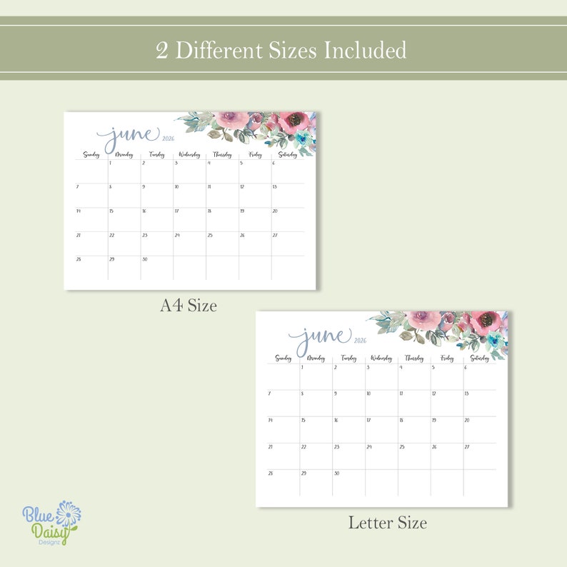 2026 Watercolor Floral Calendar PLUS Printable Landscape Horizontal