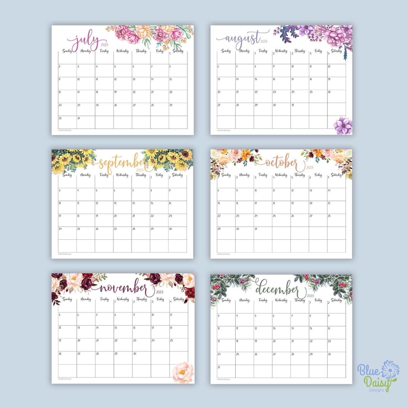2023 Watercolor Floral Calendar Printable Editable Landscape Etsy Canada