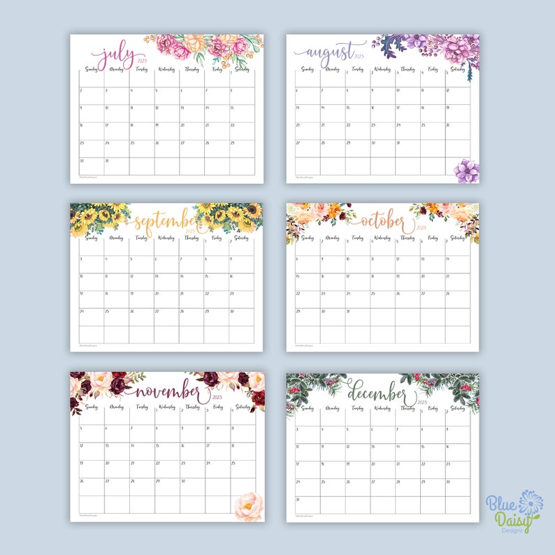 2023 Watercolor Floral Calendar Printable Editable Landscape - Etsy
