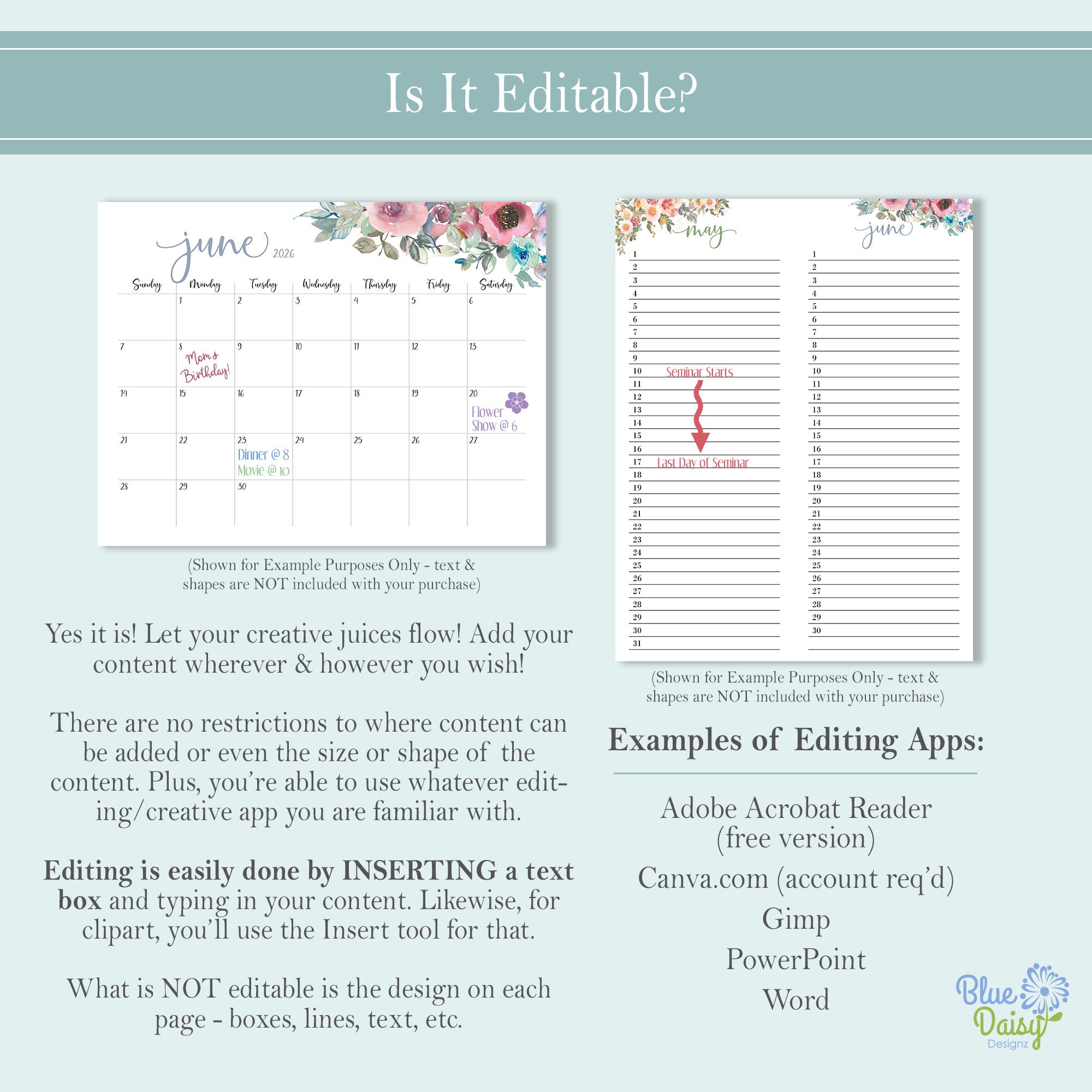 2026 Watercolor Floral Calendar PLUS Printable Landscape Horizontal