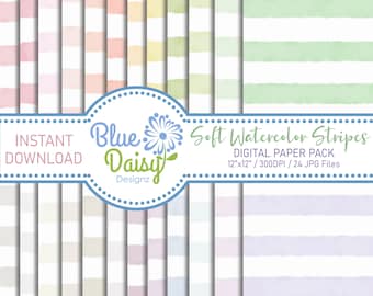 Soft Watercolor Stripes Digital Paper Pack, Watercolor Digital Paper, Stripes, Background Pattern, Scrapbook Papers (Instant Download)