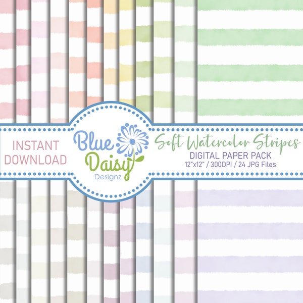 Soft Watercolor Stripes Digital Paper Pack, Watercolor Digital Paper, Stripes, Background Pattern, Scrapbook Papers (Instant Download)