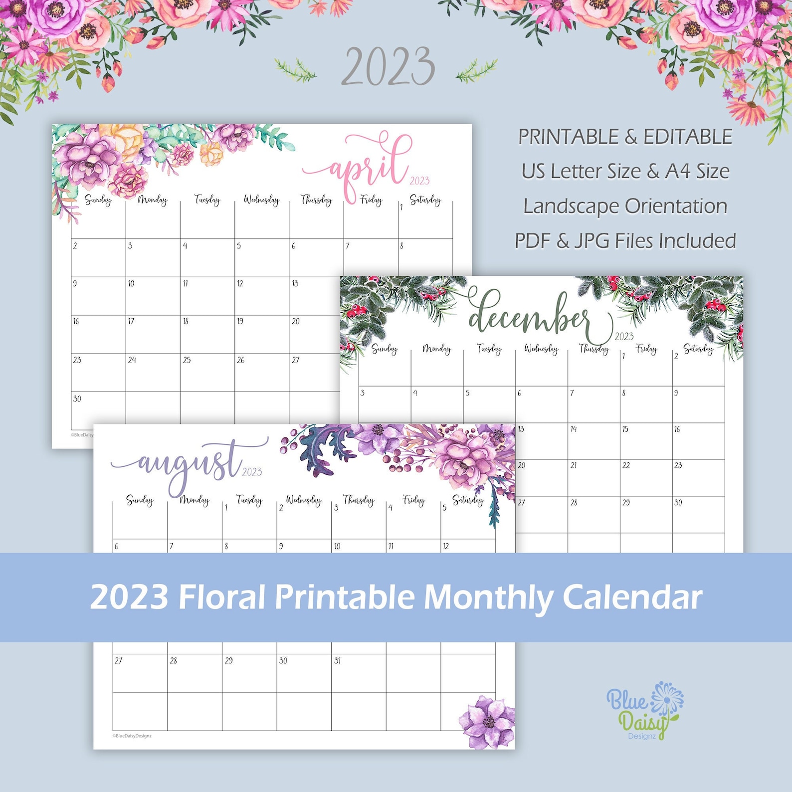2023 Watercolor Floral Calendar Printable Editable Landscape Etsy Canada