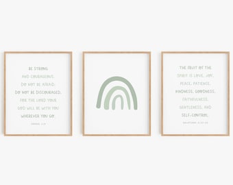 Fruit of the Spirit, Joshua 1:9, Nursery Bible Verse, Boy Nursery Wall Art, Bible Verse Wall Art Green, Set of 3 Sage Green Printables