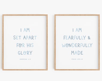 Nursery Bible Verse, Boy Nursery Scripture Wall Art, Boho Christian Nursery Decor, Christian Baby Boy Room, Set of 2 Blue Nursery Printables