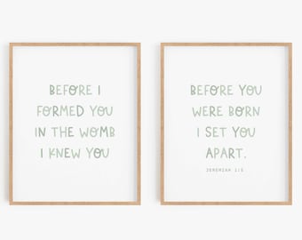 Jeremiah 1:5, Nursery Bible Verse, Boy Nursery Wall Art, Christian Nursery, Kids Bible Verse, Nursery Scripture, Set of 2 Sage Green