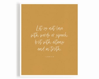 1 John 3:18, Love With Action and in Truth, Yellow Christian Wall Decor, Kids Room Bible Verse, Modern Boho Scripture Wall Art, Spring Decor