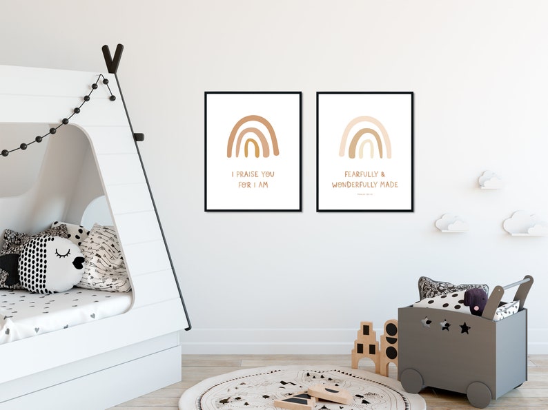 May include: Two framed prints with rainbow illustrations and inspirational quotes. The first print says "I praise you for I am" and the second print says "Fearfully and wonderfully made".